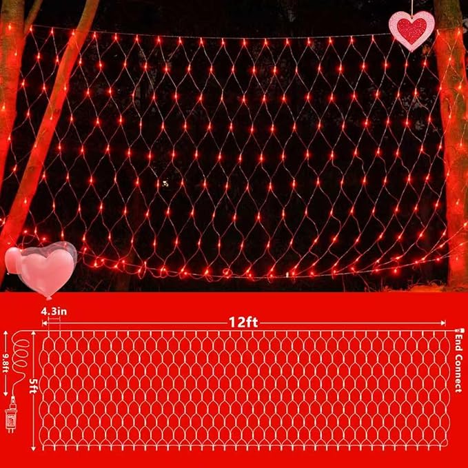 QITONG Red Net Lights Outdoor Mesh Lights 360 LED 12ft x 5ft Christmas Net Light Plug in 8 Modes Clear Wire Bush Light