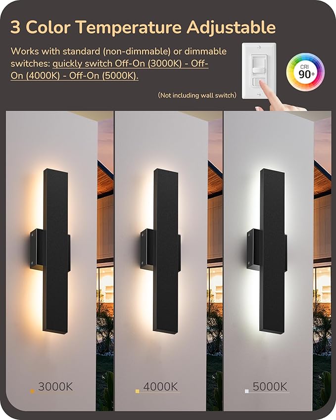 EDISHINE 2 Pack LED Outdoor Wall Lights Dimmable 3000K 4000K 5000K 15.7 Modern Black Outdoor Wall Sconce IP65 Waterproof Linear Exterior Wall Light for Entrance Hallway Garage Porch