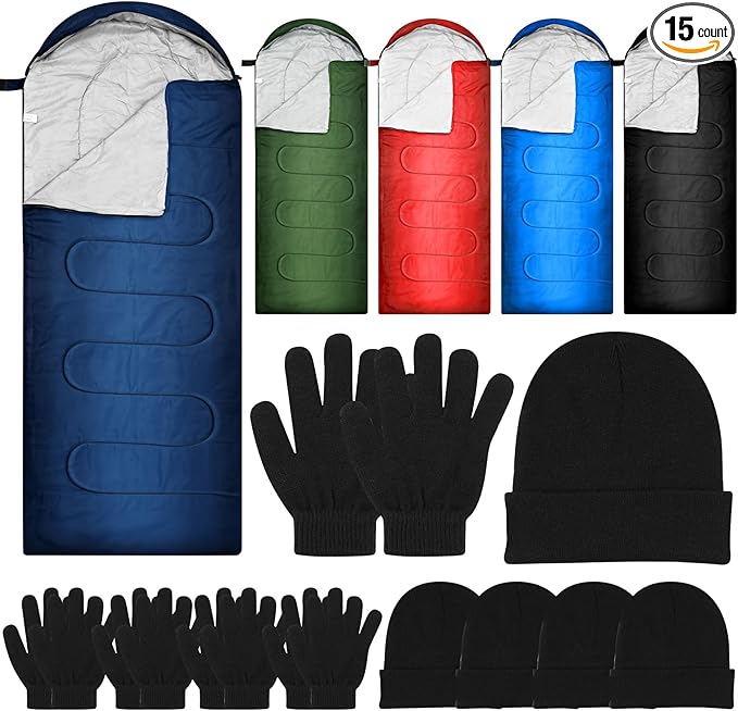 Tranqun 5 Packs Sleeping Bags for Homeless 5 Winter Beanies 5 Gloves Adults 0 Degree Camping Sleeping Bag Waterproof Lightweight for Donation Shelter