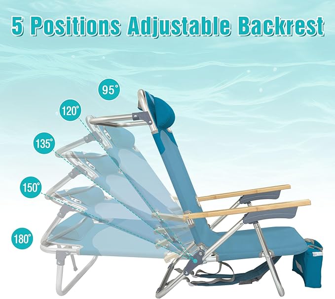 Folding Backpack Beach Chair for Adults &amp Teens Aluminum 5-Position Lay Flat Lounge Chair with Camping Bamboo Table 200LBS Beach Reclining Chair Outdoor with Cooler Bag Cyan