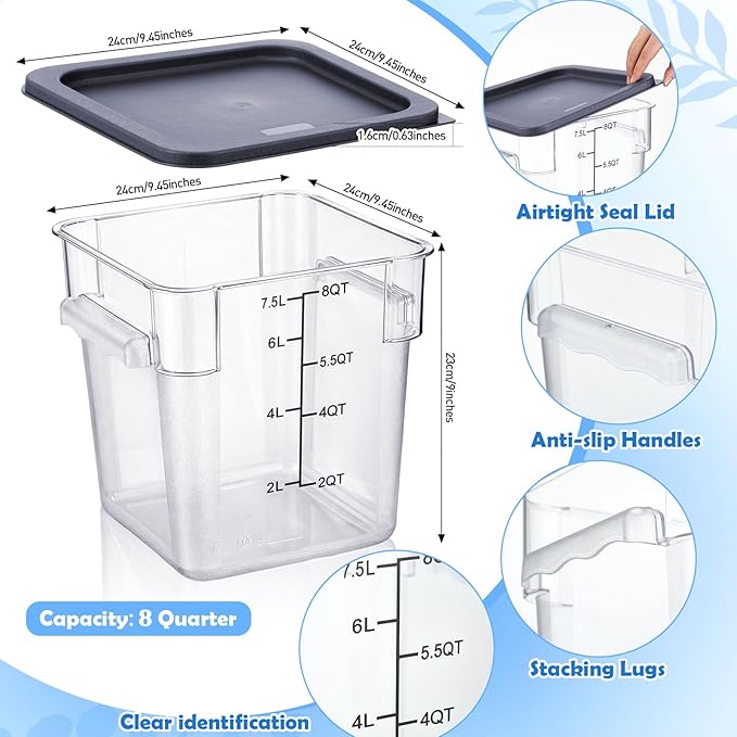 Suclain 2 Pcs Square Food Storage Container Polycarbonate Clear Food Container with Gray Lid Commercial Rice Storage with Gray Graduations for Commercial Kitchen(8 Qt)