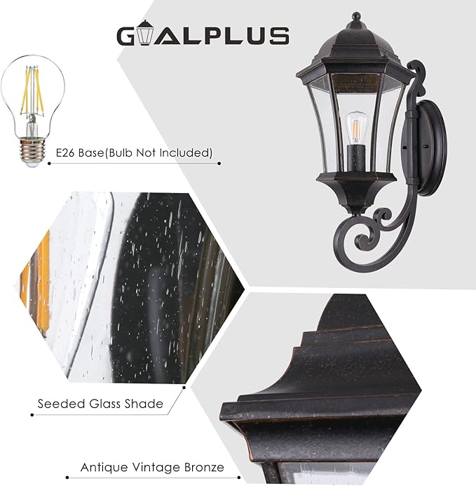 19.5in Large Outdoor Wall Light Fixture for Porch Bronze Aluminum Exterior Door Lantern Light with Wall Mount Outside Wall Sconce with Clear Seeded Glass
