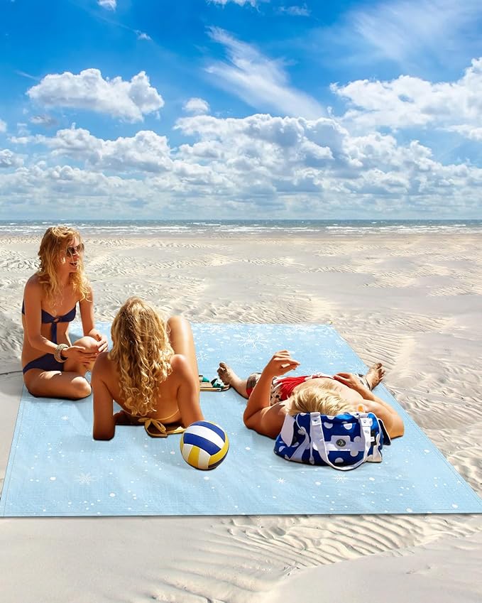 Beach Blanket Waterproof Sandproof Christmas Winter Snowflakes Quick Drying Beach Mat with 4 Stakes White Snowflake Seamless Blue Lightweight Picnic Blanket for Travel Camping Outdoor 83x79