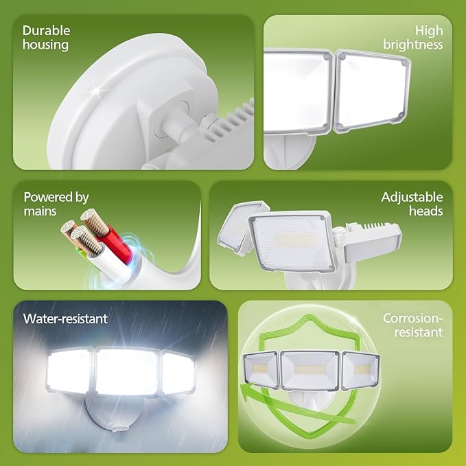 Philips 72W 7400LM LED Flood Lights Outdoor Switch Controlled Aluminum Security Lights 3 Adjustable Heads Wall Mount 5000K Daylight Waterproof for Yard Garage (2 Packs)