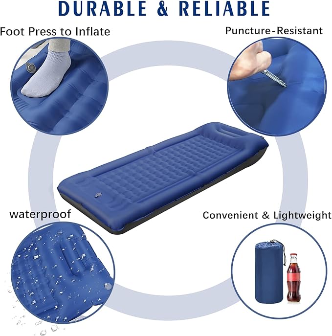 FAQIUQI Camping Sleeping PadsExtra Thick 5 Inch Inflatable Sleeping Mat with Pillow Built-in PumpOversized Mattress Super Portable Backpacking Sleeping Pad (Blue)