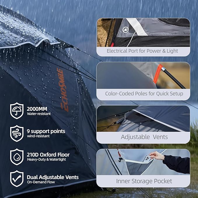 EchoSmile Tents for Camping Waterproof Windproof Tent with Multi-Pole 3-5 Person Spacious Dome Tent with Expandable Space for Shoes Packs &amp Wet Items Easy Setup Tent for Camping &amp Hiking