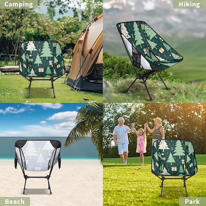 Portable Camping Chair Xmas Tree Ultralight Folding Camping Chair Christmas Tree Backpacking Hiking Chair with Cup Holder for Outdoor Travel Beach Picnic Festival Compact Portable 176 lbs Capacity
