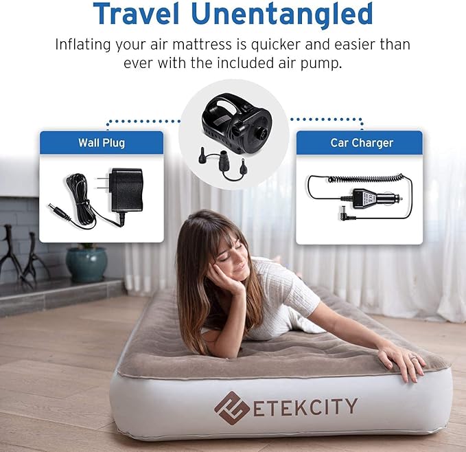 Etekcity Air Mattress Upgraded Twin Size Camping Air Bed Blow Up Bed Inflatable Mattress Raised Airbed with Rechargeable Pump for Guest Camping Hiking Height 9 Storage Bag Brown