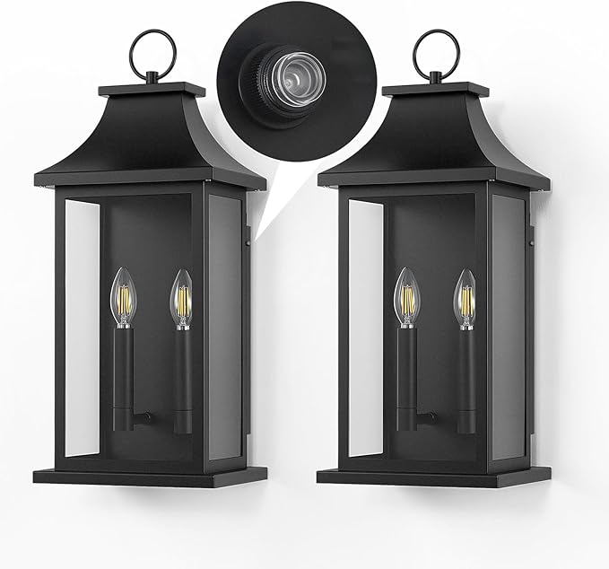 Large Outdoor Wall Lights Dusk to Dawn Sensor Outside Lights Exterior Lighting Fixtures Wall Mount Wall Sconce Light Outdoor Lanterns for Porch Black 22 2-Light 2-Pack