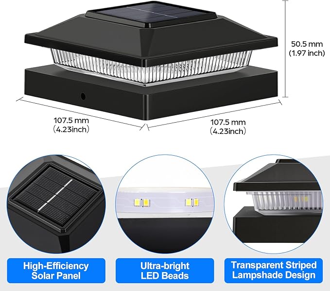 Brightever Solar Post Cap Lights 8-Pack Outdoor Solar Powered Fence Post Lights Black Solar Waterproof Deck Post Lights for 4x4 Vinyl/Wood Posts Warm/Cool White Perfect for Garden Patio Porch