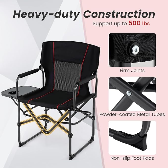 COSTWAY Folding Camping Chair with Side Table Portable Directors Chair with Cup Holder &amp Carry Bag Outdoor Heavy Duty Padded Lawn Chair for Fishing Picnic Sports Beach Support 500 LBS (Black