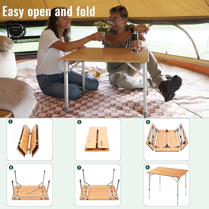 KingCamp Adjustable Height Folding Table 4-Fold Bamboo Camping Outdoor Portable RV Camp Table with Carry Bag for Outdoor Car Backyard Picnic Tailgating Beach
