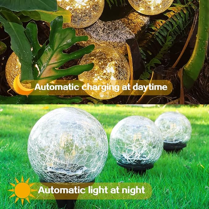 TOMEX 4 Pack Solar Garden Lights Cracked Glass Ball Waterproof Warm White LED for Outdoor Decor Decorations Pathway Patio Yard Lawn 4 Pack (4.7)