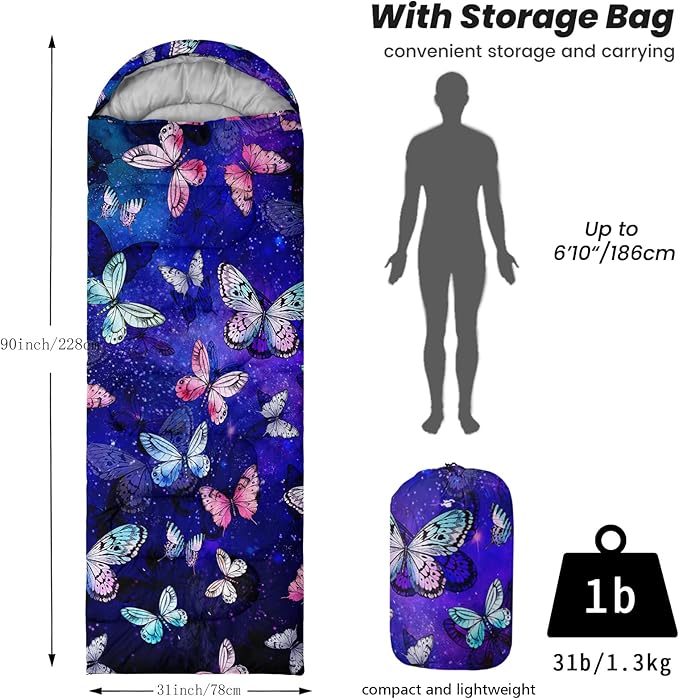 Sleeping Bags for Adults Youth Kids3D Printing Camping Sleeping Bag for Girls Boys Lightweight Waterproof Cold/Warm Weather Sleeping Bag for 3 Seasons