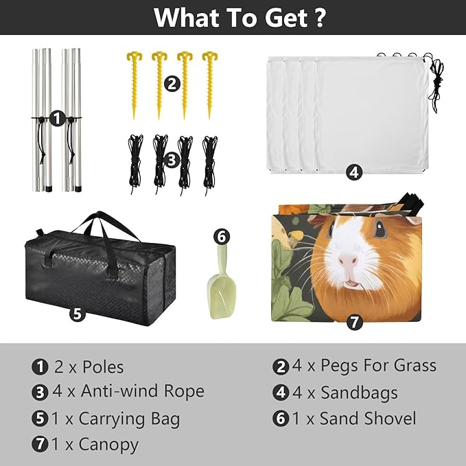 Cute Guinea Pig Beach Tent Sun Shelter 9.2' x 10.5' Beach Canopy with 4 Sandbags 4 Stability Poles Sand Shovels - Tent Canopy for Beach Camping Fishing Picnics