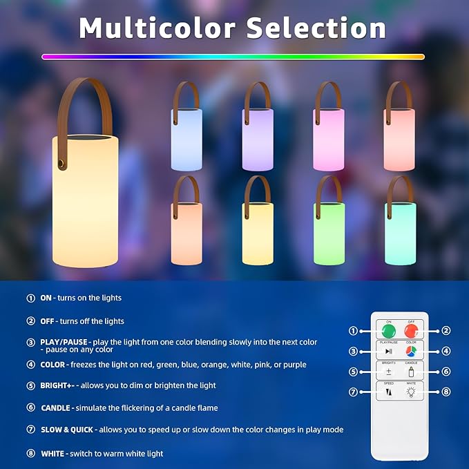 uuffoo Solar Table Lamp Outdoor Lantern 2 in 1 Rechargeable Battery Operated Portable LED Cordless Lights with Remote 8 Colors Waterproof IP44 for Patio Camping Outside/Indoor