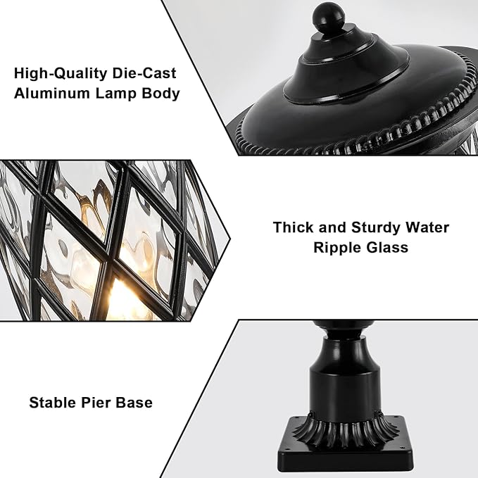 Industrial Exterior Lamp Post Lighting Fixture Waterproof Post Light Outdoor with 3-Inch Pier Mount Base Water Glass Lampshade 60W E26 Retro Outdoor Pillar Light for Yard Porch Patio