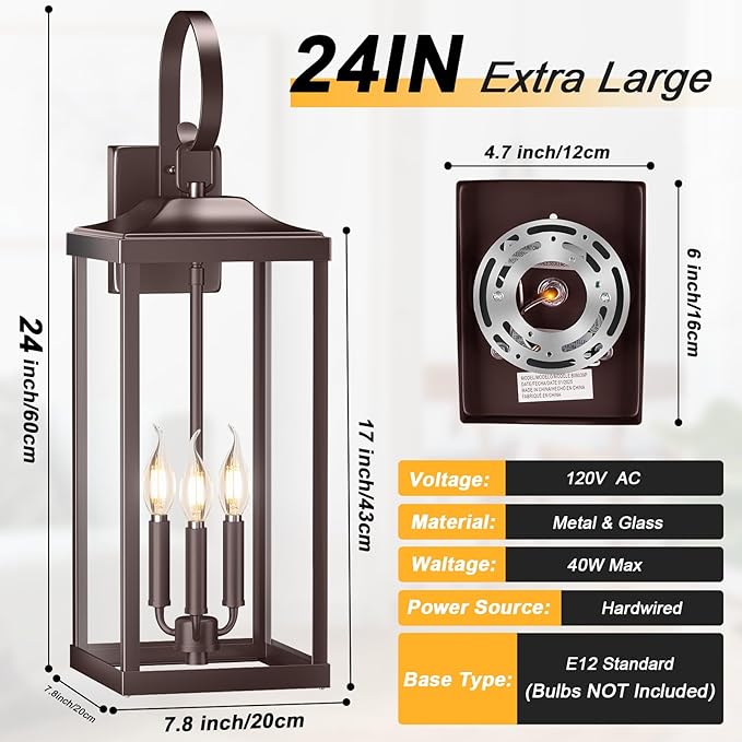 2 Packs 24 Extra Large 3-Light Outside Wall Light Fixture Oil Rubbed Bronze Outdoor Porch Lantern Wall Mounted Waterproof Modern Brown Outside Wall Sconce Coach Lamp for House E12