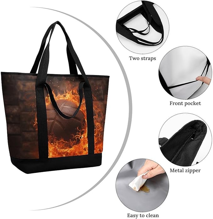 Insulated Shopping BagLarge Reusable Cooler Bags Brick Wall And Burning Basketball Printed Foldable Shopping BagTravel Waterproof Shoulder Bag