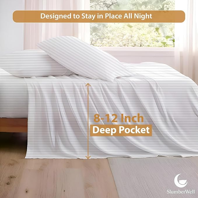 SlumberWell RV Short King Sheet Set 4 Piece Luxury Soft Microfiber Camper Bedding 8–12 Inch Deep Pocket Fits 72x75 Mattress White Stripe