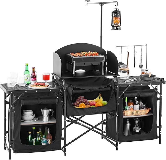 VEVOR Camping Kitchen Table Outdoor Camp Cooking Table Aluminum Portable Cook Station with 3 Storage Cupboard Carrying Bag Detachable Windscreen Quick Set-up for BBQ Party Picnic RV Travel Black