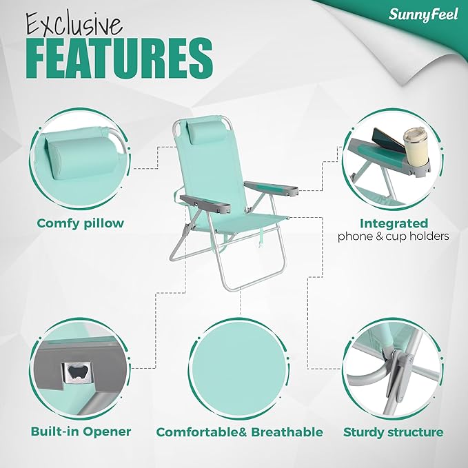 SUNNYFEEL Oversized Tall Folding Beach Chair Lightweight 17 Portable Sand Chair for Adults Heavy Duty 500 LBS with Cup Holders Foldable High Camping Lawn Chairs for Camp/Outdoor/Picnic/Sports