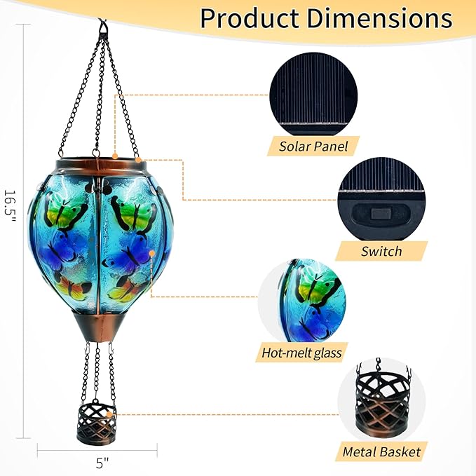 Glass Solar Hot Air Balloon Lantern with Flame Hanging Garden Flickering Light Outdoor Waterproof for Yard Patio Tree Mother's Day Gift Butterfly