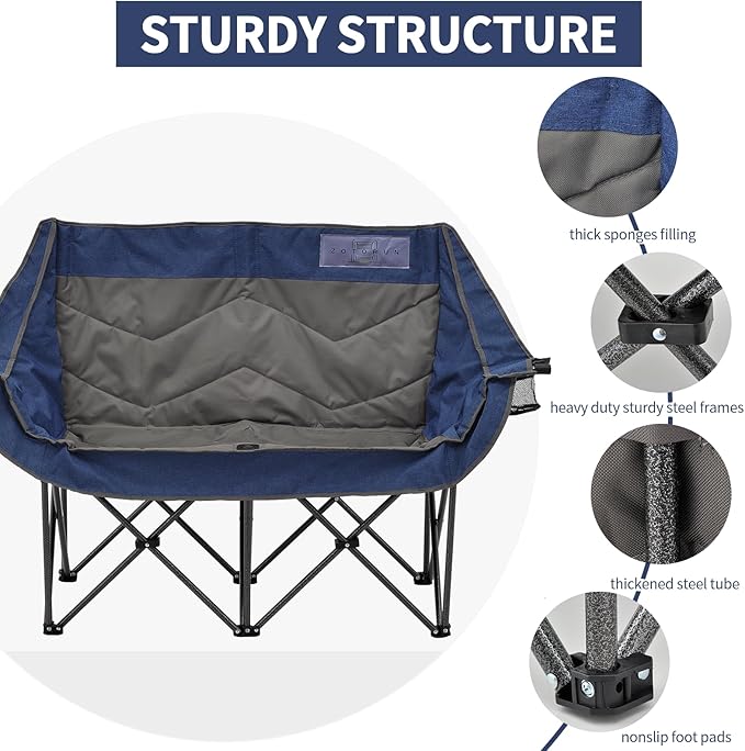 Portable Double Folding Love Seat Padded Camping Chair with Cup Holder Navy Blue and Gray