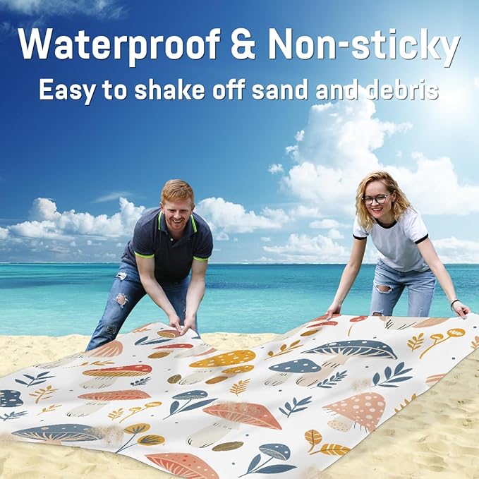 Waterproof Sandproof Beach Blanket 59''×68'' Autumn Mushroom Polyester Outdoor Picnic Blanket with 4 Stakes &amp Storage Bag for BeachCampingVacation White