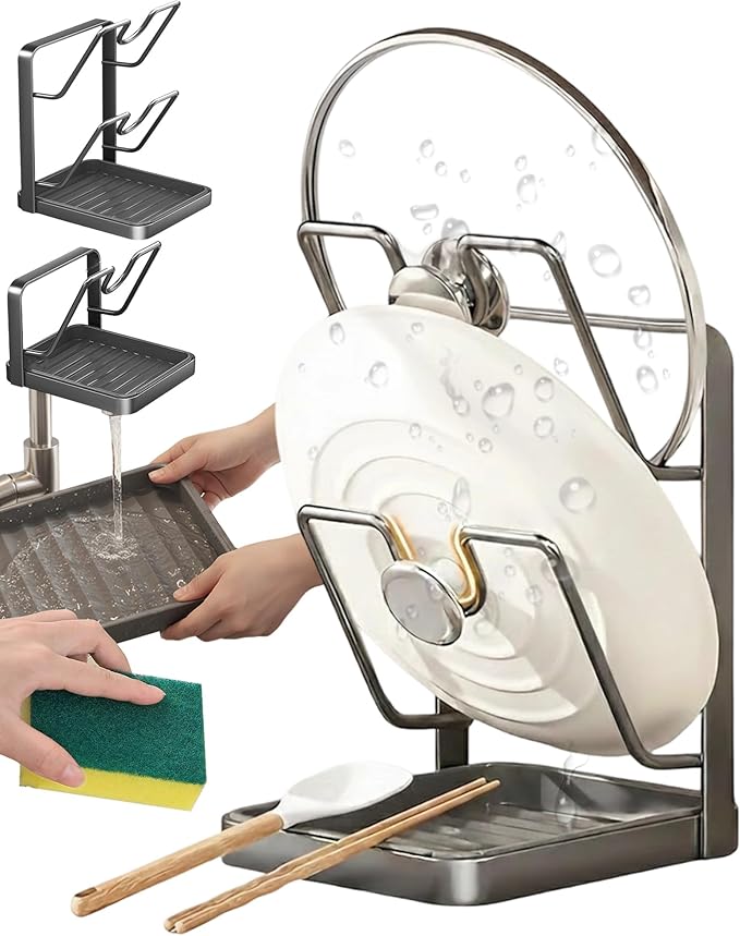 Kitchen Pot Lid Storage Rack with Drip Tray - Lid Holder Organizer While Cooking with U-Shaped Racks for Countertop - Prevent the Pot Lid from Slipping and Oil from Splattering