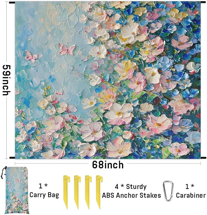 Waterproof Sandproof Beach Blanket 59''×68'' Flower Polyester Outdoor Picnic Blanket with 4 Stakes &amp Storage Bag for BeachCampingVacation Oil Paintings