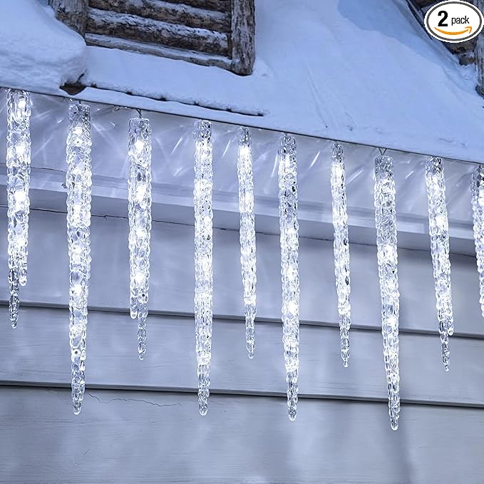 Minetom Christmas Icicle Lights - 2 Pack Total 200 LED 40 Tubes Twinkling Crystal Icicle String Connectable Waterproof Hanging Christmas Lights Plug in for Winter Eave Holiday Outdoor Decoration
