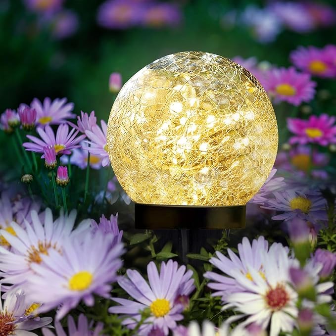 Solar Garden Lights Outdoor Waterproof 4 Pack 30 LEDs Cracked Glass Ball Light Ground Landscape Garden Decor Solar Globe Decorative for Pathway/Patio/Lawn/Yard (Warm White 3.9)