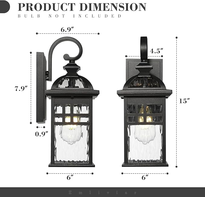 Emliviar 2 Pack Outdoor Wall Lanterns 15 Modern Wall Mount Lamps for House Black Finish with Water Ripple Glass DE281B-2PK BK-WP