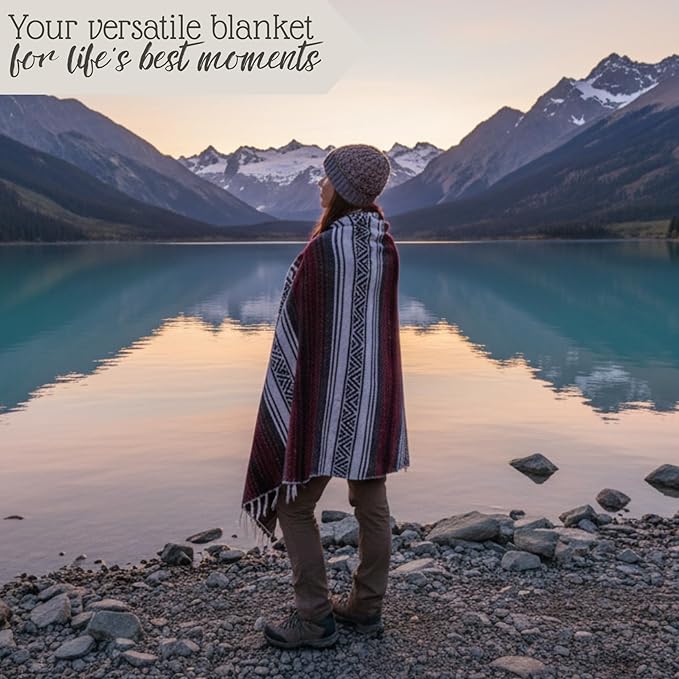 Authentic Handwoven Mexican Blanket Falsa Serape - Soft &amp Durable - Vibrant Beach Picnic Yoga &amp Camping Mat - Traditional Boho Throw - Outdoor Blanket 70x50 (Rust)