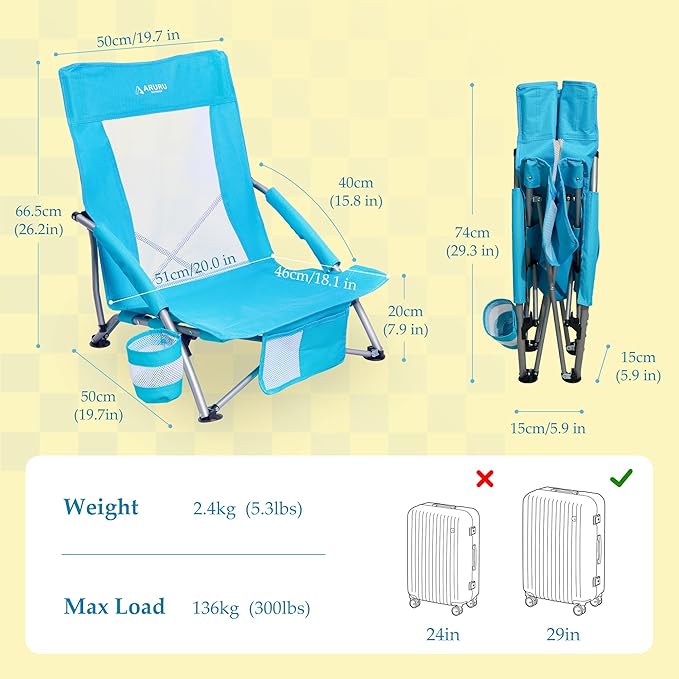 Low Folding Beach Chairs for Adults Portable Lightweight Sling Beach Camping Chair with Cup HolderArmrestFoldable Camp Lawn Chair for Outdoor Sand Concert Travel Sport Events