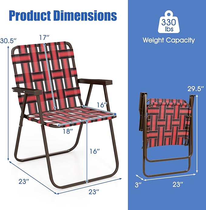 Giantex 6-Pack Lightweight Folding Camping Chairs 330 LBS Beach Chairs with Armrests No Assembly Needed Portable Webbed Lawn Chair for Picnic Fishing Patio Yard Outdoor Events Red