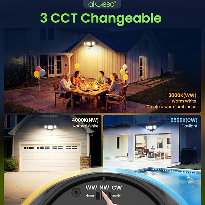 ALUSSO Motion Sensor Outdoor Lights Hardwired(Not Solar)40W 4500LM Flood Lights Outdoor 120V3 Modes(Dusk to Dawn/Auto/On Time) 3CCT 3000K/4000K/6500K Security Light for Garage Yard PorchBlackETL