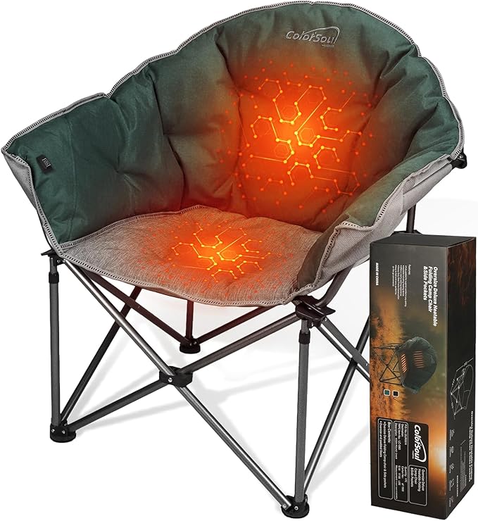 Colorsoul Heated Oversized Camping ChairsExtra-Large Padded Outdoor Chairs 3 Level Heating&amp450lbs SupportHeavy Duty Folding Heated Lawn Chair for PatioTailgatingBattery NOT IncludedGreen