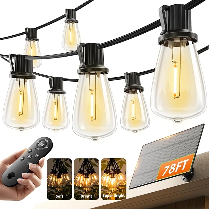 KYY 78FT(72+6) Solar String Lights Outdoor with USB Port Remote Control LED Waterproof Solar Powered Patio with 24 Sockets Heavy-Duty and UL Listed Porch Market Lights