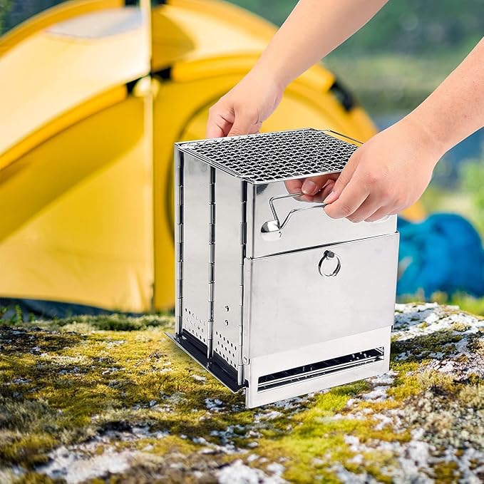 REDCAMP Wood Portable Burning Folding Camp Stove Stainless Steel Grid Collapsible Backpacking Stove Survival Rocket Stove for Hiking Outdoor Tent Camping Picnic BBQ Large