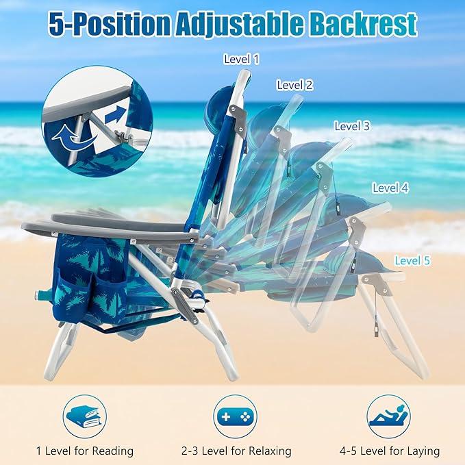 GYMAX Beach Chairs Backpack Camping Chair with Armrest Cooler Bag Cup Holder Towel Bar &amp Side Pockets Sunbath Sling Tanning Lounge Folding Layout Chair (Without Table Coconut Tree)