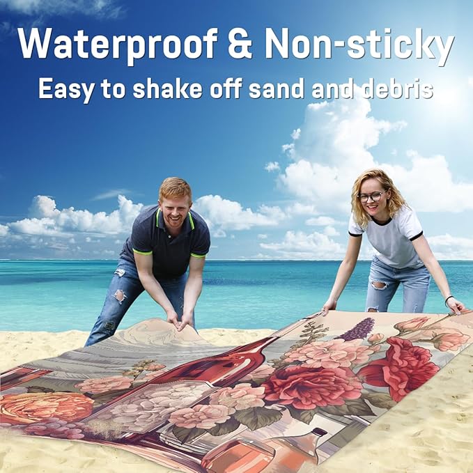 Waterproof Sandproof Beach Blanket 59''×68'' Bottle Polyester Outdoor Picnic Blanket with 4 Stakes &amp Storage Bag for BeachCampingVacation Flowers