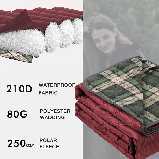 DUKUSEEK Waterproof Camping Blanket with Super Thick Fleece Lining Large Outdoor Blanket Windproof with Foldable Hood for Camping Stadium Sporting Events79x 58