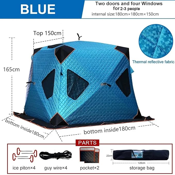 Pop-Up Portable Ice Fishing Tent with Carry Bag Insulated Ice Fishing Shelter with Two Doors &amp Six Windows 3-4 Person