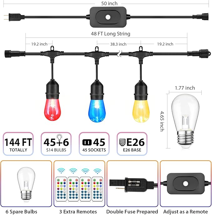 Mlambert 144Ft(3x48ft) Multicolor Outdoor Patio Lights Dimmable RGB Cafe String Lights with 45+6 Waterproof LED Bulbs for Garden Bistro-Black 3 Pack