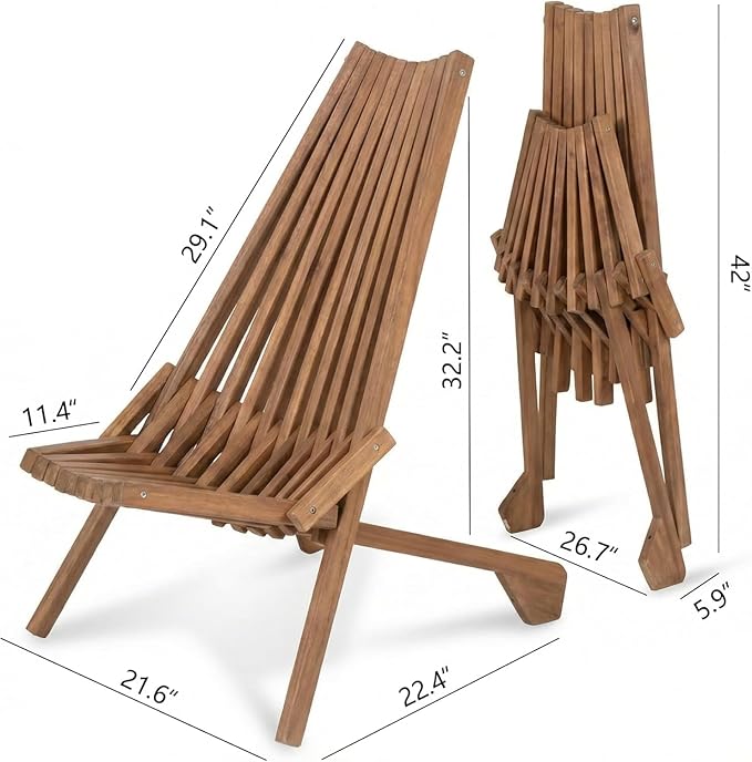 Folding Wooden Outdoor Chair Stylish Low Profile Acacia Wood Lounge Chair for The Porch Lawn Garden or Outdoor Patio Furniture (Wooden 2 Pack)