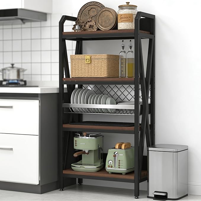 4-Tier Bakers Rack Storage Shelves Heavy-Duty Metal &amp Wood Kitchen Organizer with Easy Assembly for Garage Bathroom Entryway Home Storage