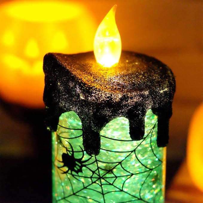 Eldnacele Halloween Snow Globe Candles Lighted Lamp Battery Operated Spooky Spinning Water Glittering Tornado Candle Flameless Candles Table Centerpiece for Halloween Decoration Indoor(Spider)