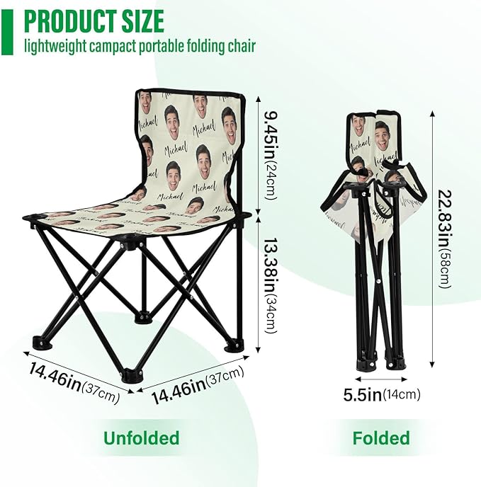 Sinestour Beige Custom Photo Folding Camping Chair for Teen Child Personalized Name 14.6×14.6in Portable Outdoor Chair with Carry Bag for Barbeques Picnic Travel